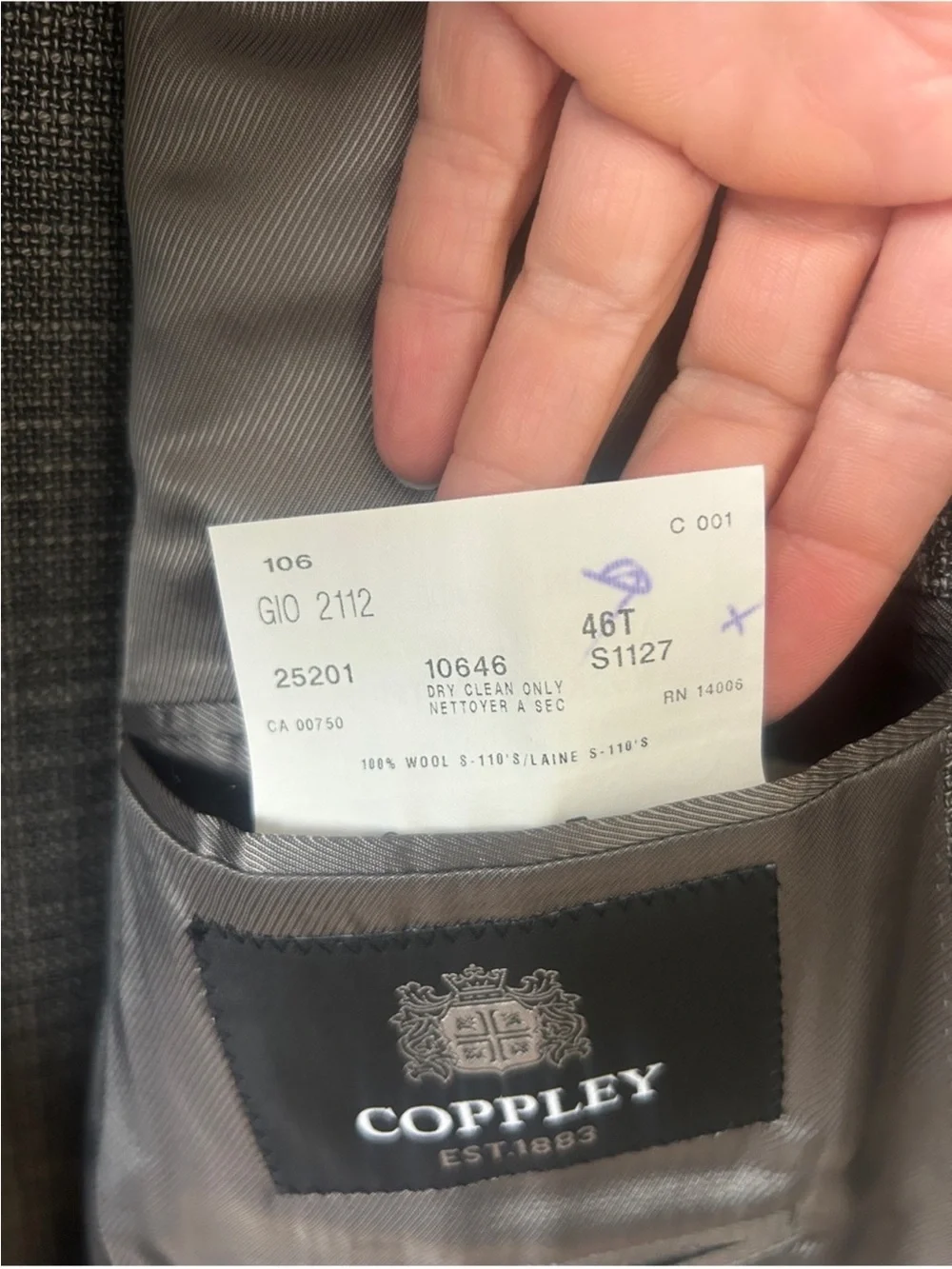Copley 46T Reda 1865 Super 110s Wool Gray Blazer Made Canada